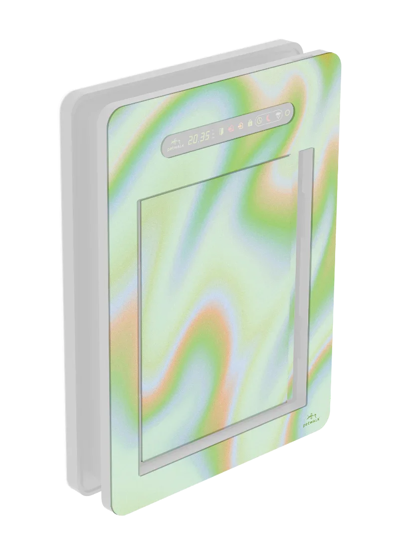 Modern pet door with digital display, chip access, and colorful swirl design for energy-efficient pet entry.