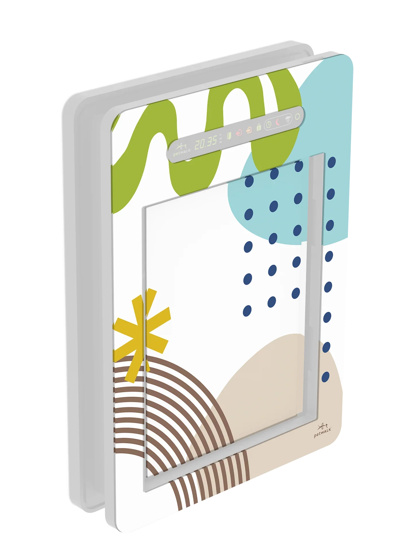 Smart pet door with digital display, colorful abstract design, and chip access for pets