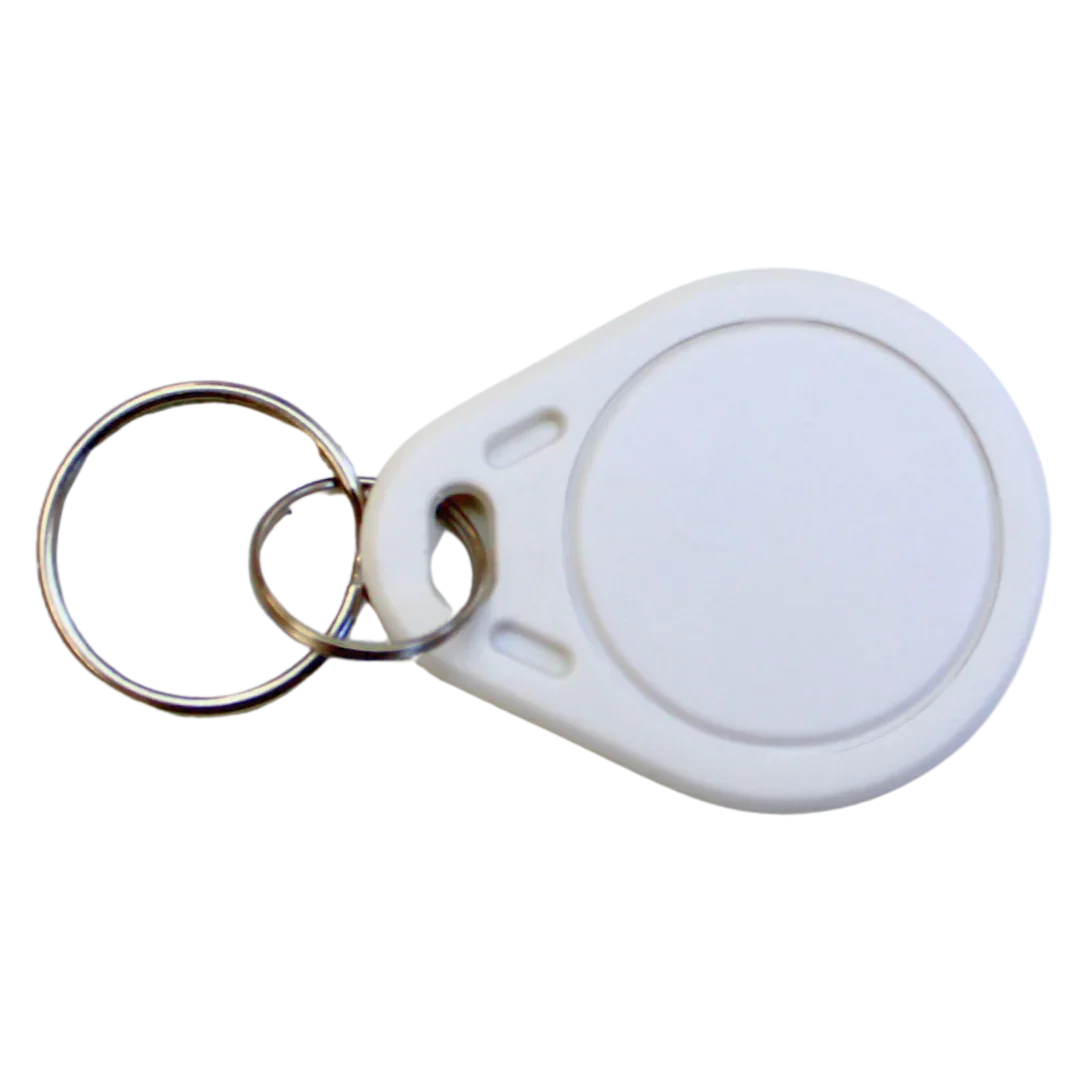 White pet door RFID key fob with metal ring for secure chip access