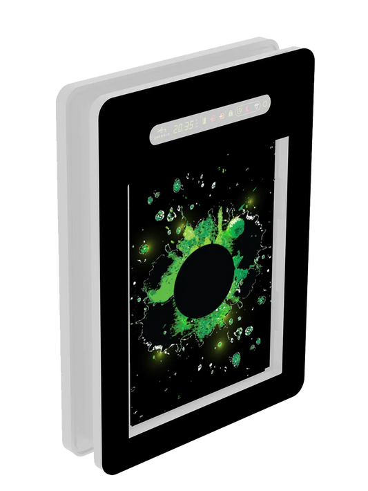 Smart pet door with digital display, green splash design, and energy-efficient features for pets.