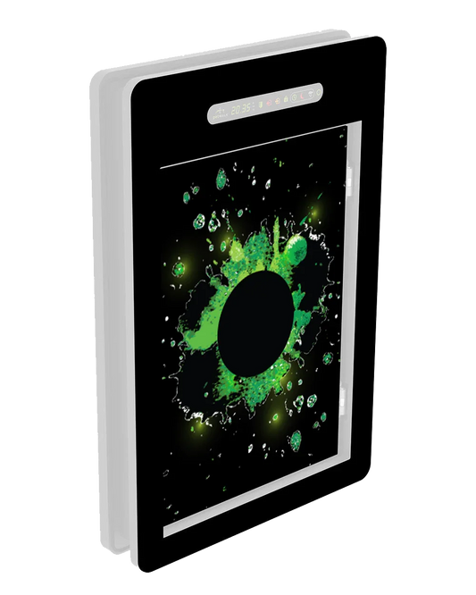 Smart pet door with digital display, green splash design, and chip access control for secure, energy-efficient pet entry.