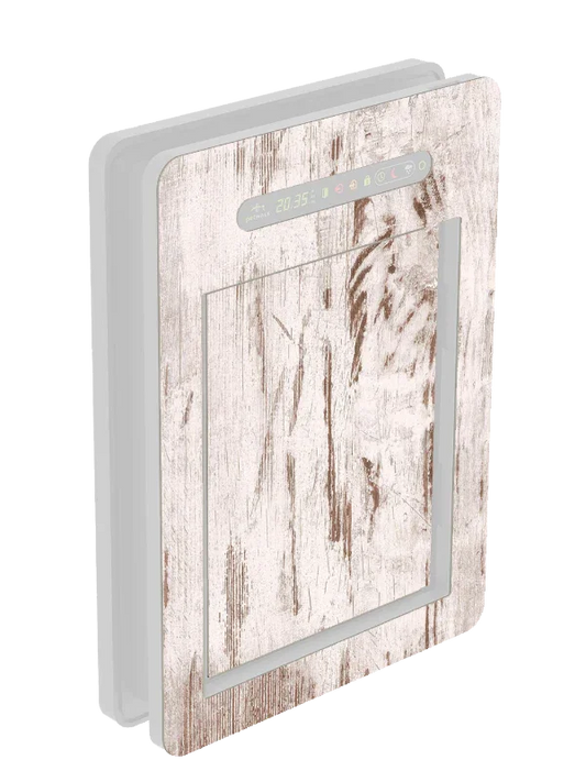 Modern pet door with rustic wood finish, digital display, and secure chip access for pets