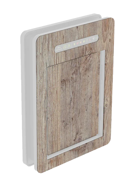 Smart pet door with wood finish, digital display, and chip access for energy-efficient pet entry