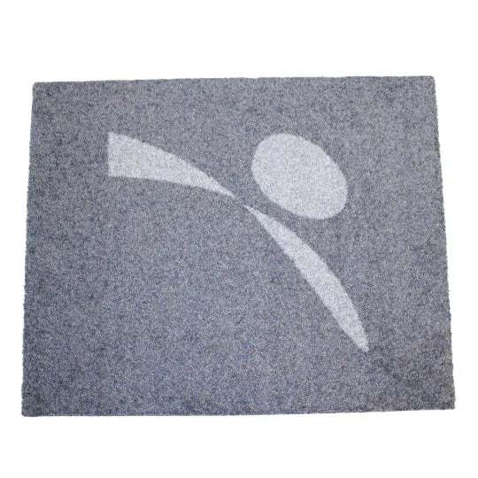Grey doormat with abstract white figure design, ideal for pet-friendly homes and modern entryways