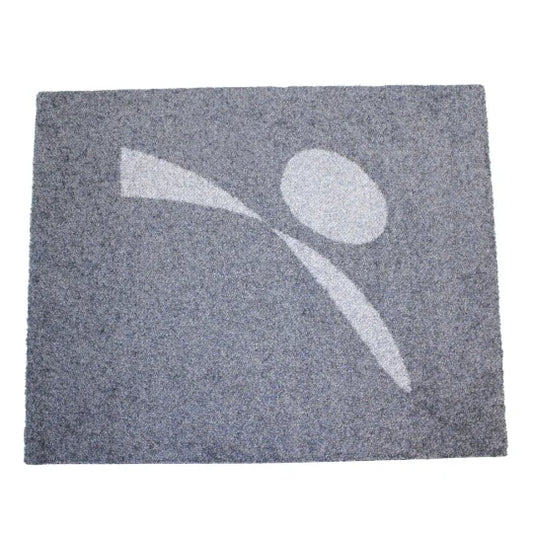 Grey doormat with abstract white figure design, ideal for pet-friendly homes and modern entryways