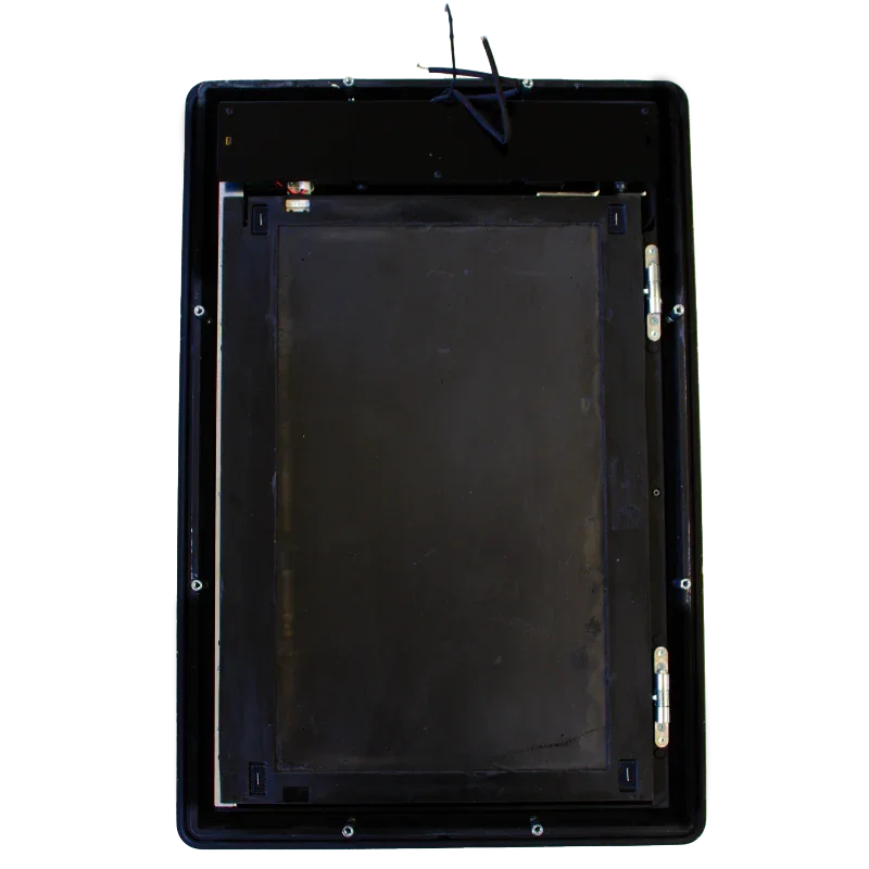 Black pet door frame with internal hinges and wiring, designed for secure and energy-efficient pet access.