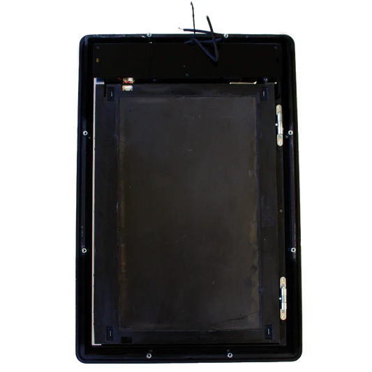 Black pet door frame with internal hinges and wiring, designed for secure and energy-efficient pet access.