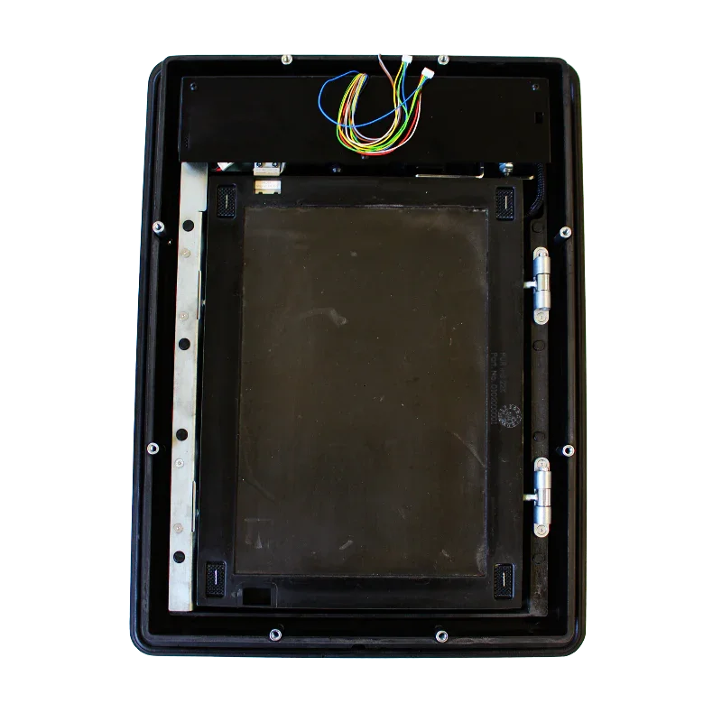 Internal view of a pet door with wiring and hinges, showing energy-efficient design components