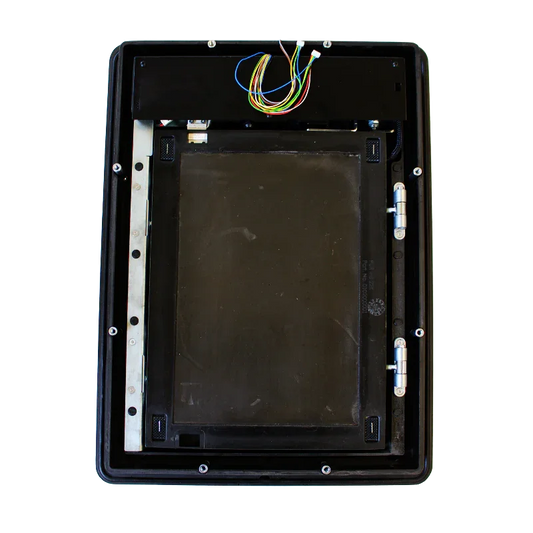 Internal view of a pet door with wiring and hinges, showing energy-efficient design components