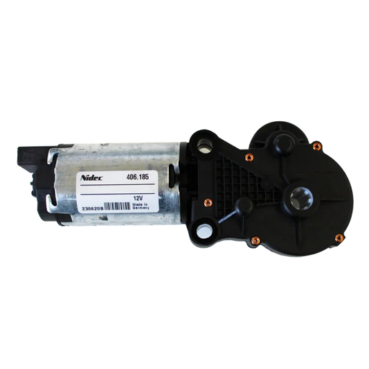 Nidec 12V motor for pet door, German-made, model 406.185, with black gear housing and copper terminals