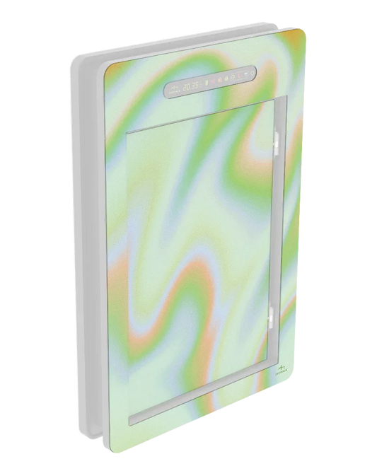 Modern pet door with colorful swirl design, digital display, and chip access for secure, energy-efficient pet entry.