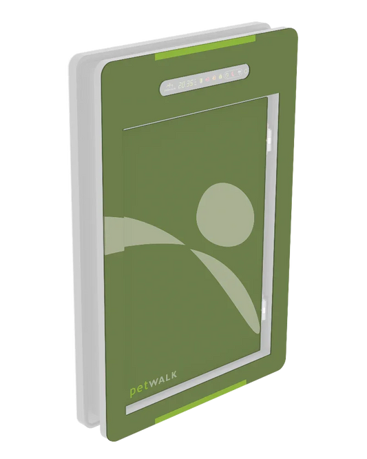 Modern pet door with digital display, chip access, and energy-efficient design for pets