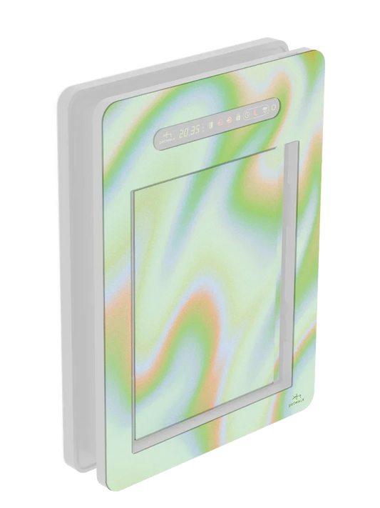 Modern pet door with digital display, chip access, and colorful swirl design for energy-efficient pet entry.