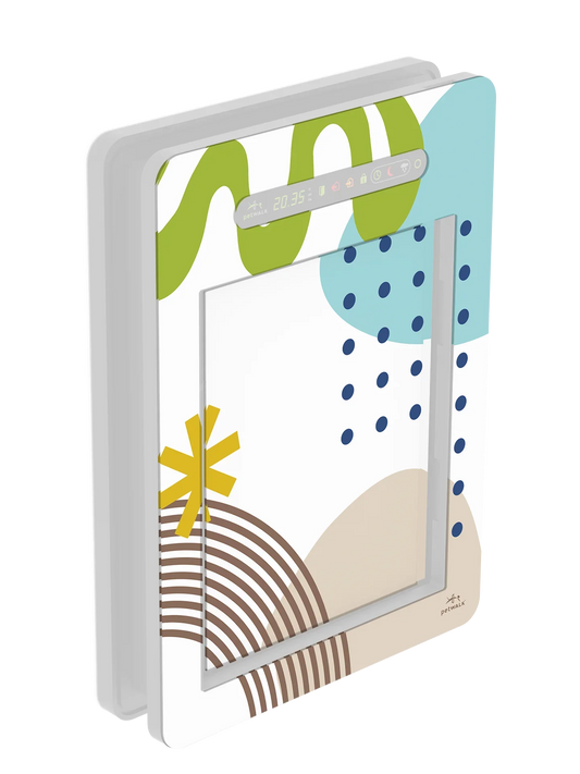 Smart pet door with digital display, colorful abstract design, and chip access for pets
