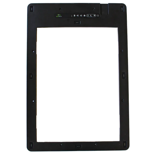 Black pet door frame with control panel, chip access, and alarm features for secure, energy-efficient pet entry.