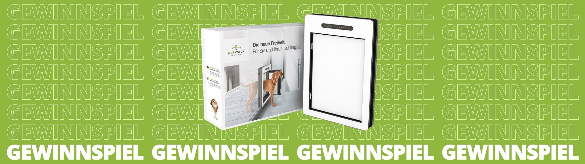 petWALK Tiertüre in Large mit ihrer Verpackung auf grünem Untergrund, im Hintergrund steht ganz oft "Gewinnspiel"