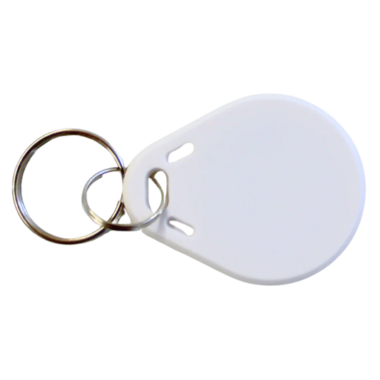 White pet access tag with keyring for secure chip-based entry to pet doors