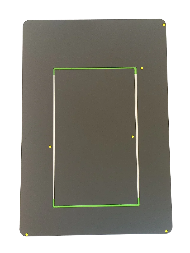 Dark gray pet door panel with green and white frame outline, featuring yellow mounting points for secure installation.