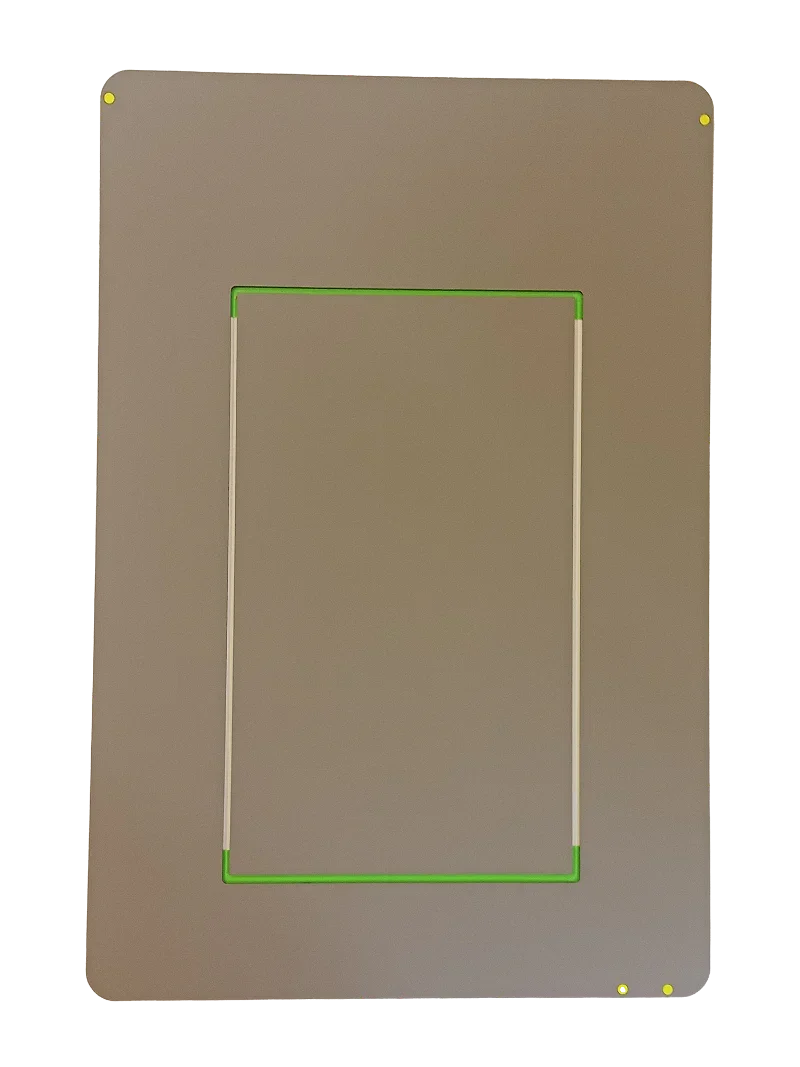 Pet door panel with green frame, air-tight design for energy-efficient pet access