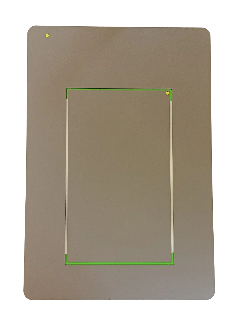 Energy-efficient pet door panel with green frame, designed for airtight, secure pet access