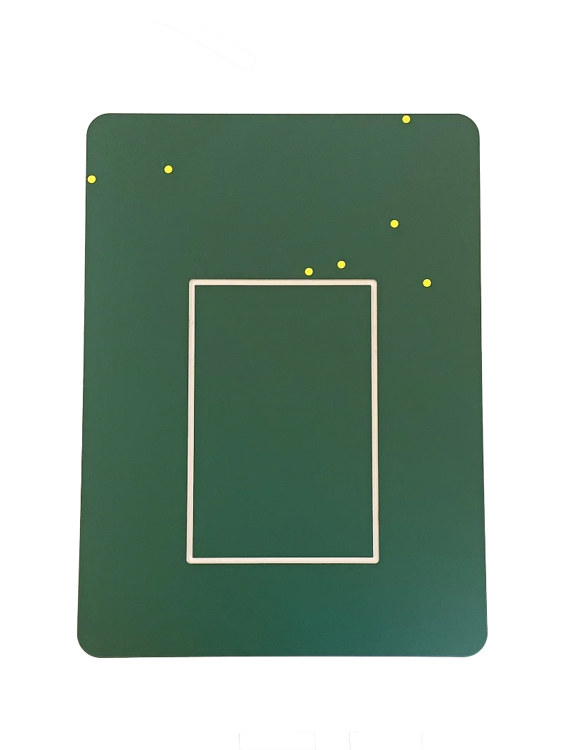 Green pet door frame with white border and yellow mounting points for secure installation