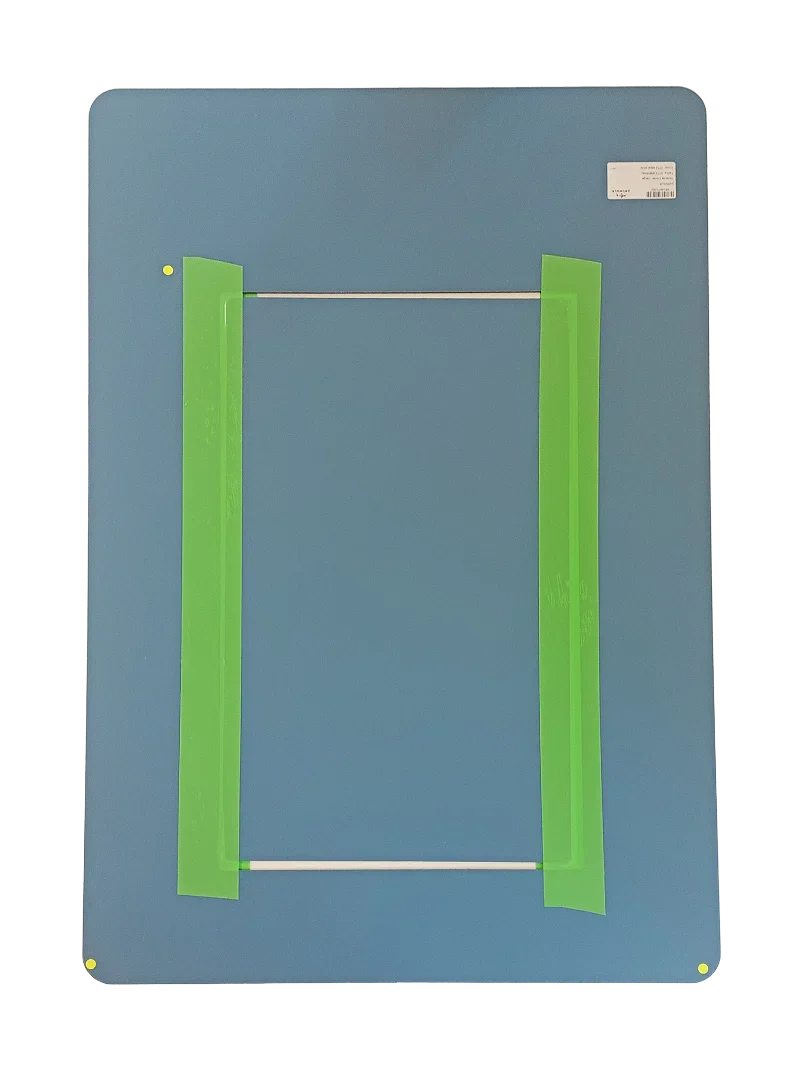Blue pet door panel with green frame, showing internal structure for secure, energy-efficient pet access.