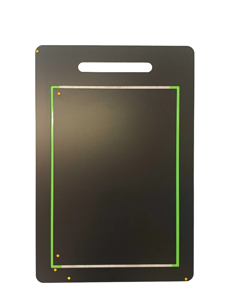 Black pet door panel with green frame and handle, designed for energy-efficient, secure pet access