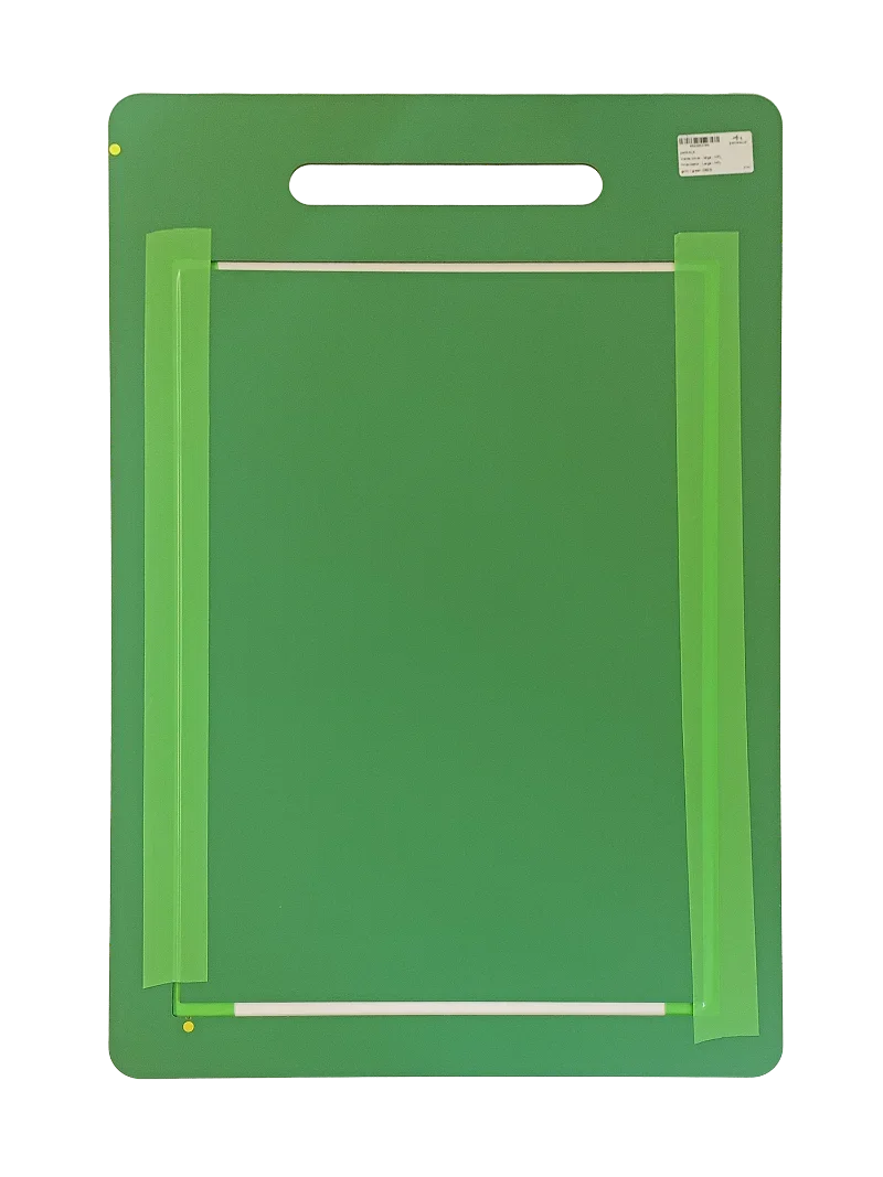Green pet door panel with frame, designed for energy-efficient pet access and secure installation.