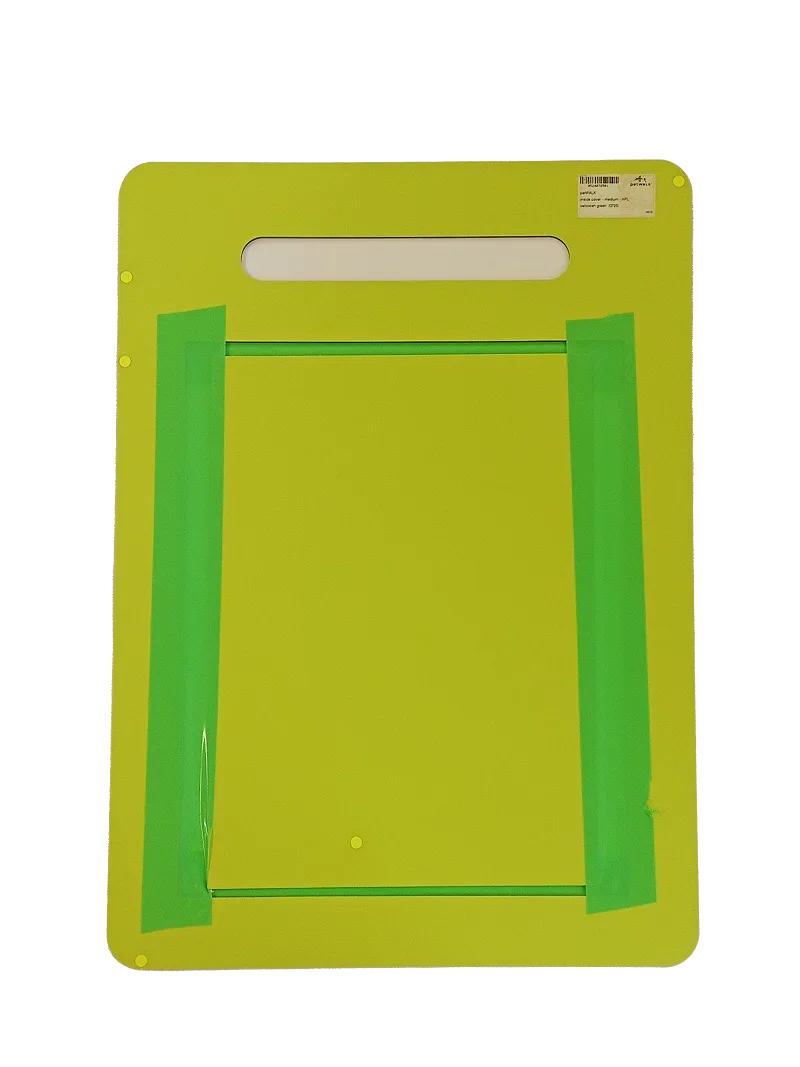Lime green pet door panel with frame, designed for energy-efficient, airtight pet access