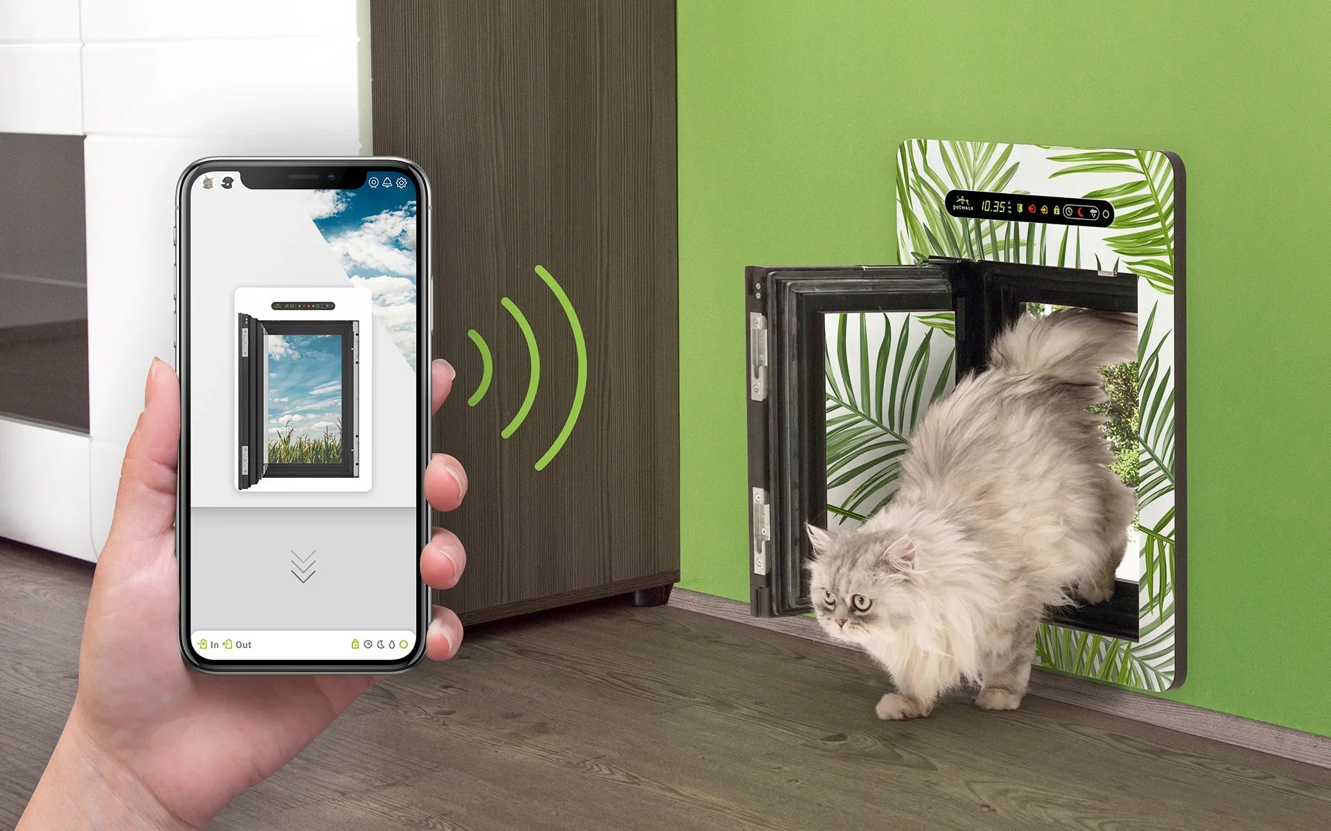 Smart pet door with app control and cat passing through, featuring leaf-patterned design and digital display