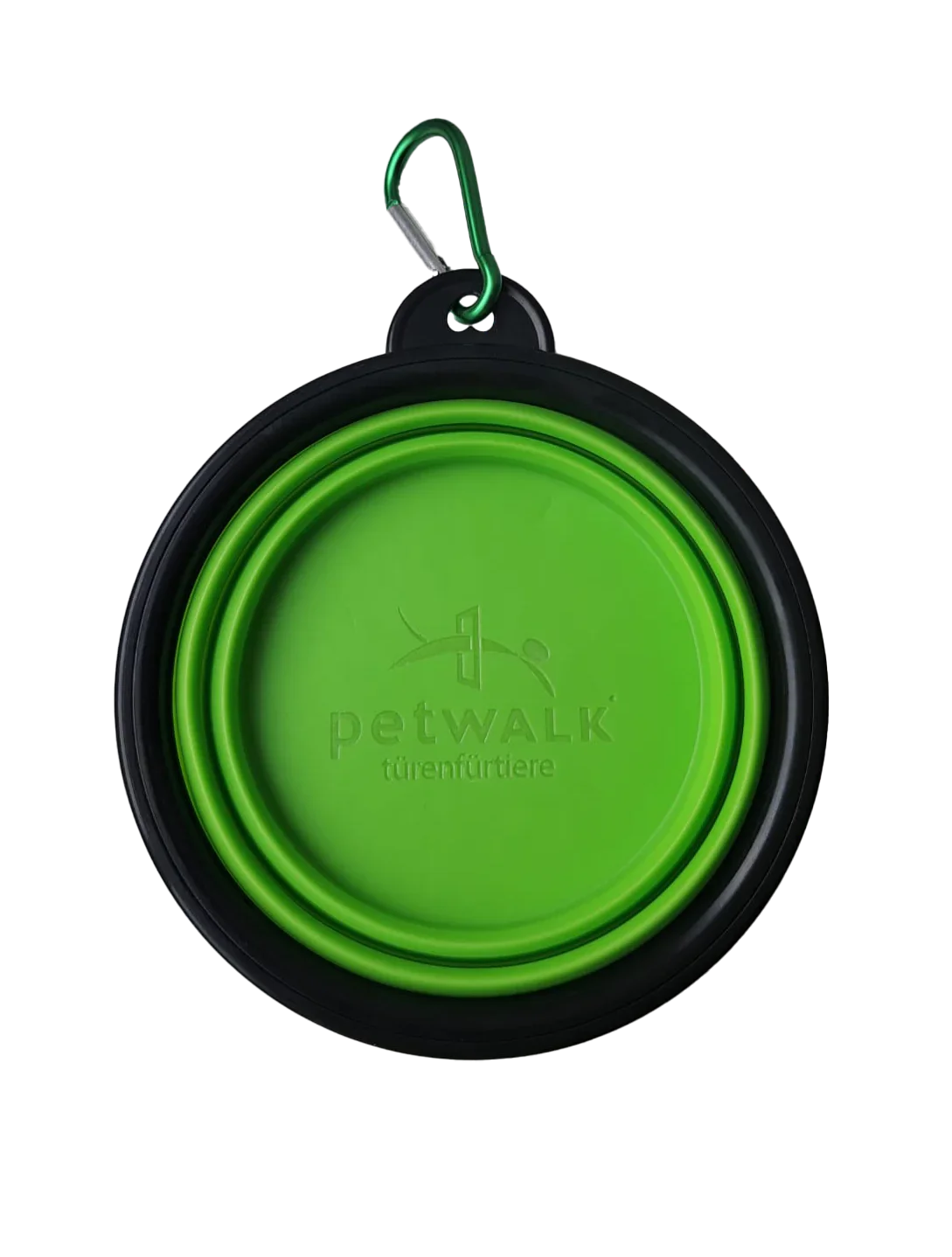 Green collapsible pet bowl with carabiner, branded petWALK for portable pet feeding on walks