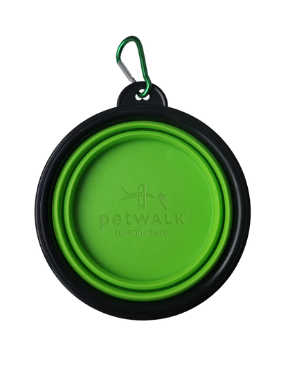 Green collapsible pet bowl with carabiner, branded petWALK for portable pet feeding on walks