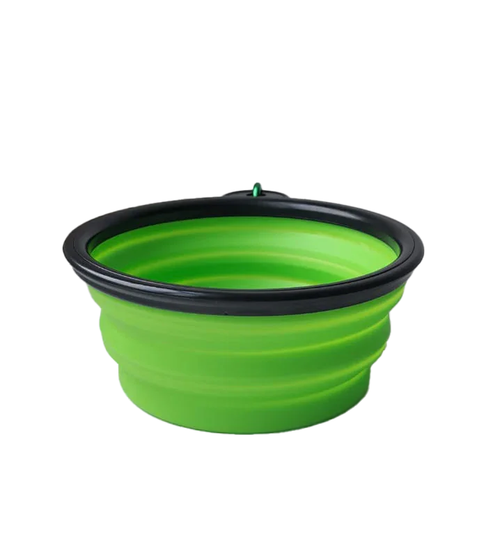Bright green collapsible pet bowl with black rim, ideal for travel and outdoor use
