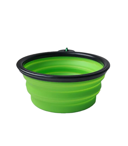 Bright green collapsible pet bowl with black rim, ideal for travel and outdoor use
